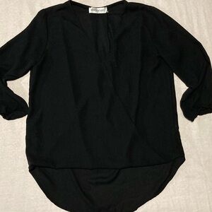 Veronica M V Neck Black Blouse with Elongated Shirt Tail